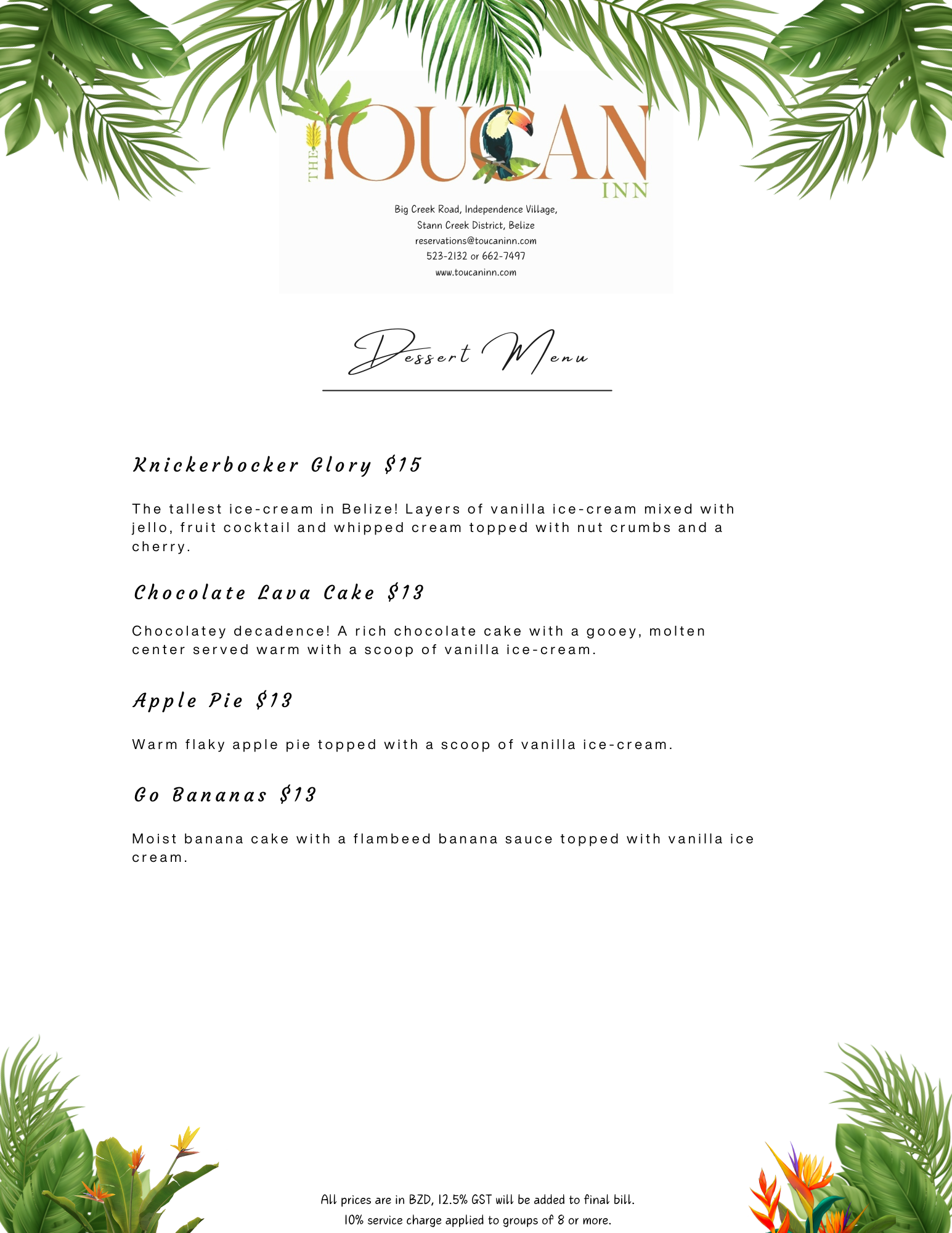 Desserts menu at The Nest, The Toucan Inn