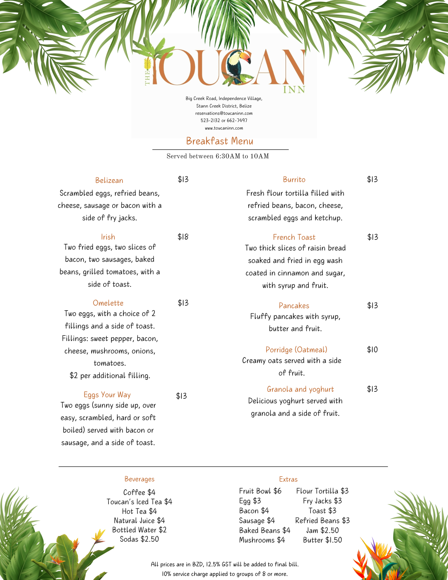 Breakfast menu at The Nest, The Toucan Inn
