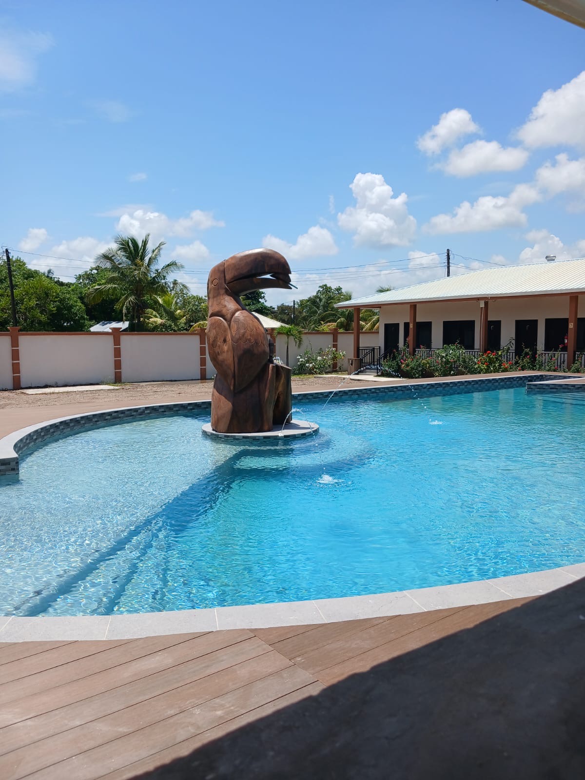 Resort pool with carved toucan fountain