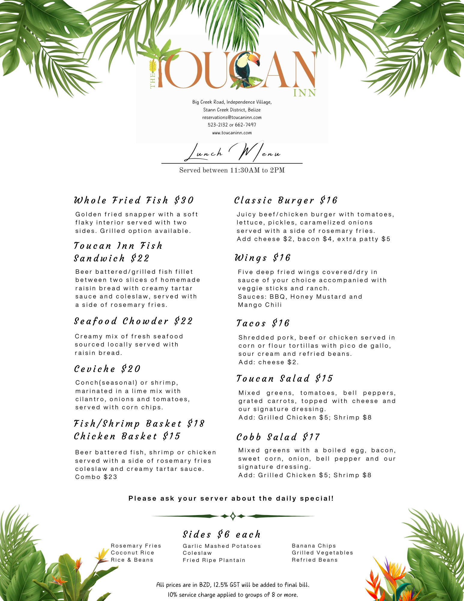 Lunch menu at The Nest, The Toucan Inn