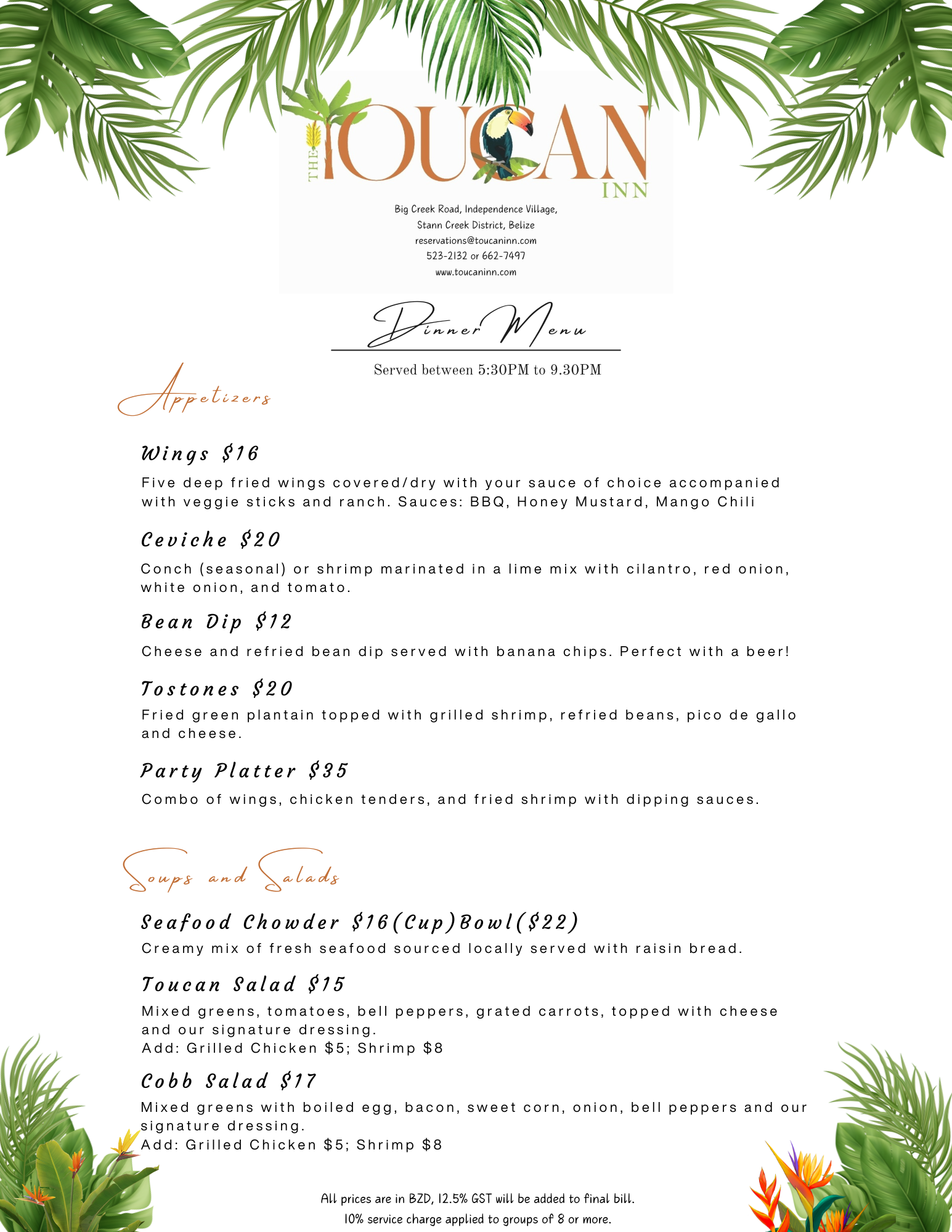 Dinner — Appetizers menu at The Nest, The Toucan Inn