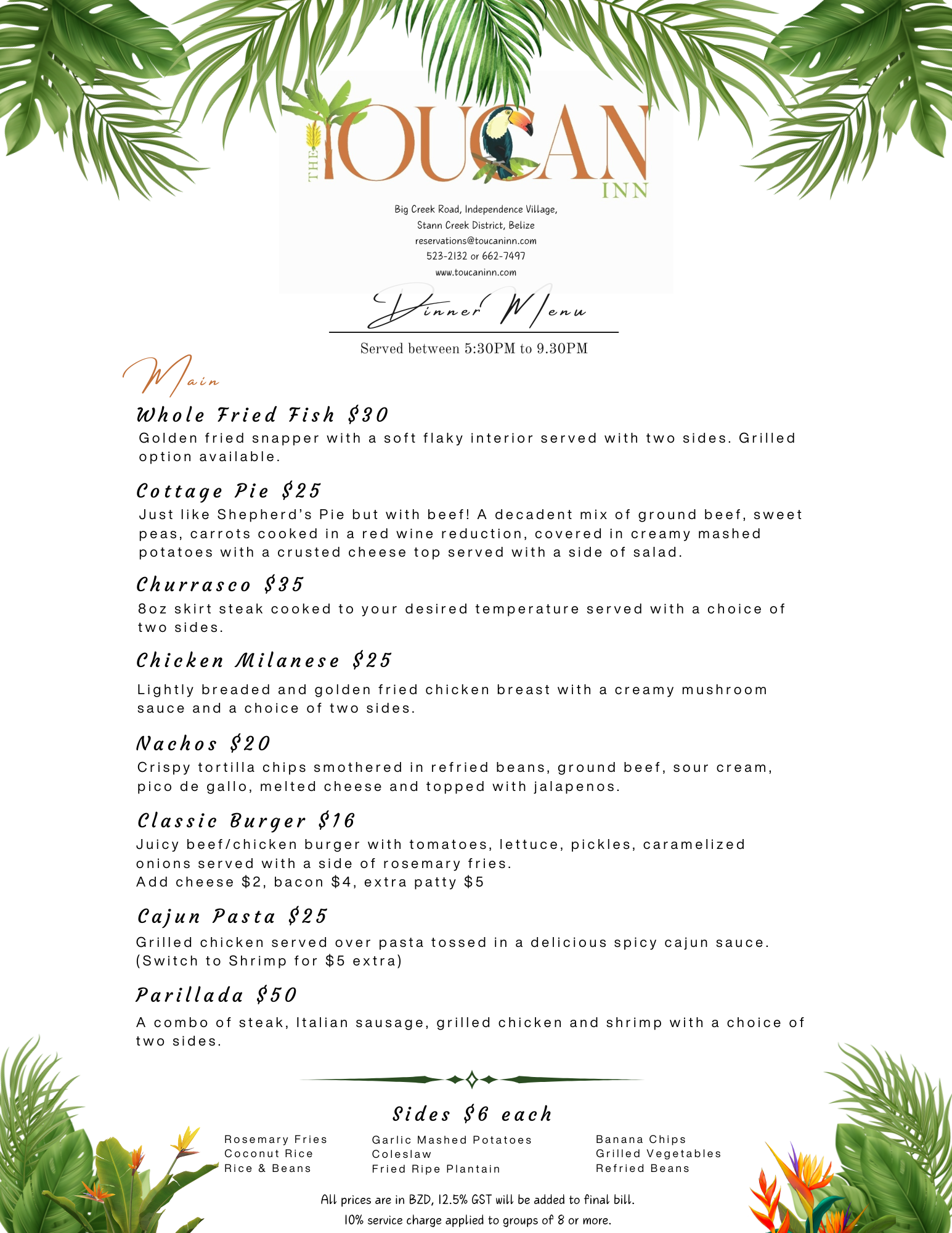 Dinner — Mains menu at The Nest, The Toucan Inn